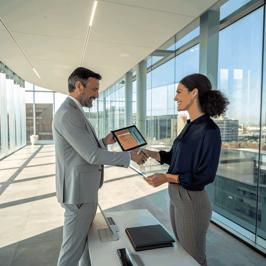 two professionals shaking hands over a tablet displaying charts and ai icons, symbolizing a strategic partnership that turns data into growth.