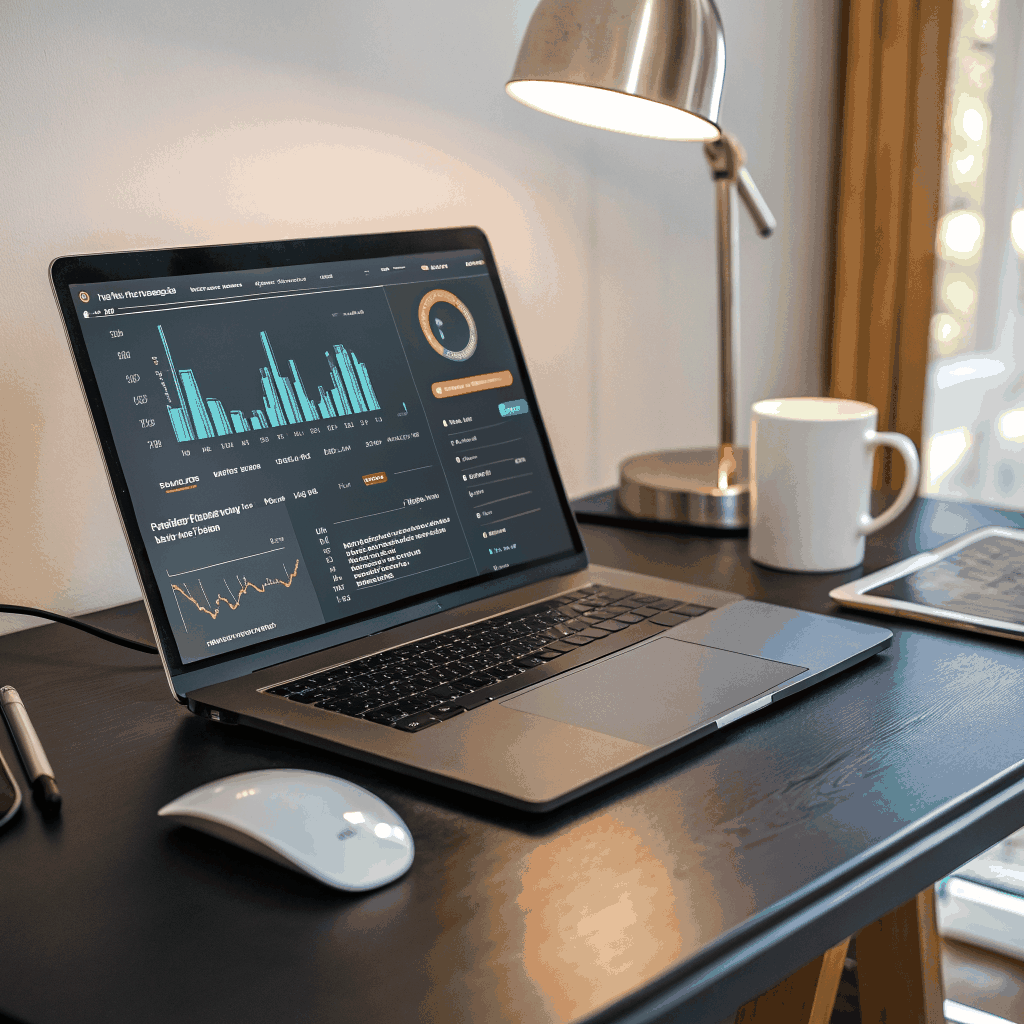 a laptop screen displaying a dashboard with charts, arrows, and a magnifying glass overlay, symbolizing a website audit for ai search readiness.