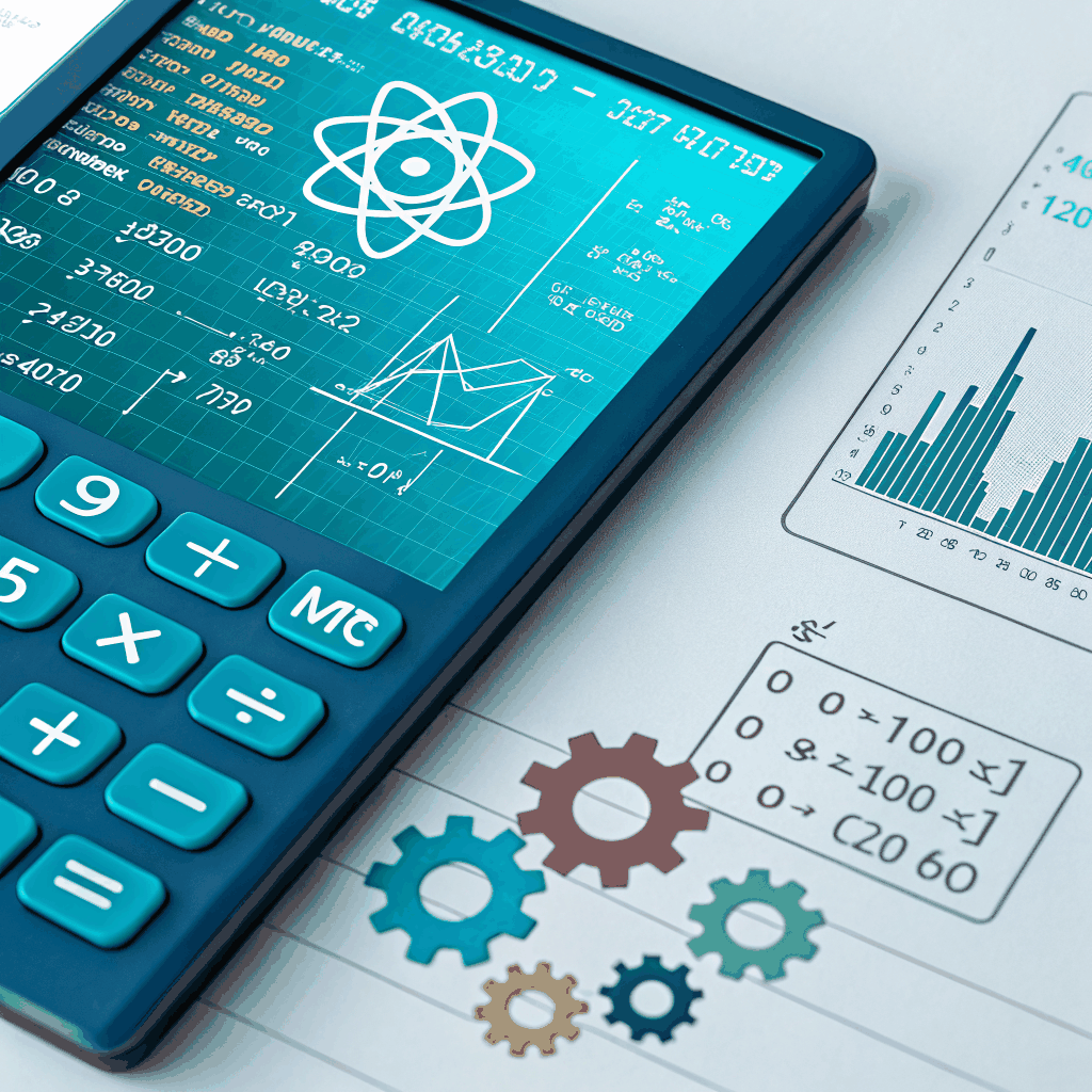 a digital calculator interface showing graphs and dollar signs, with a glowing ai brain icon hovering above, representing ai driven revenue forecasting.
